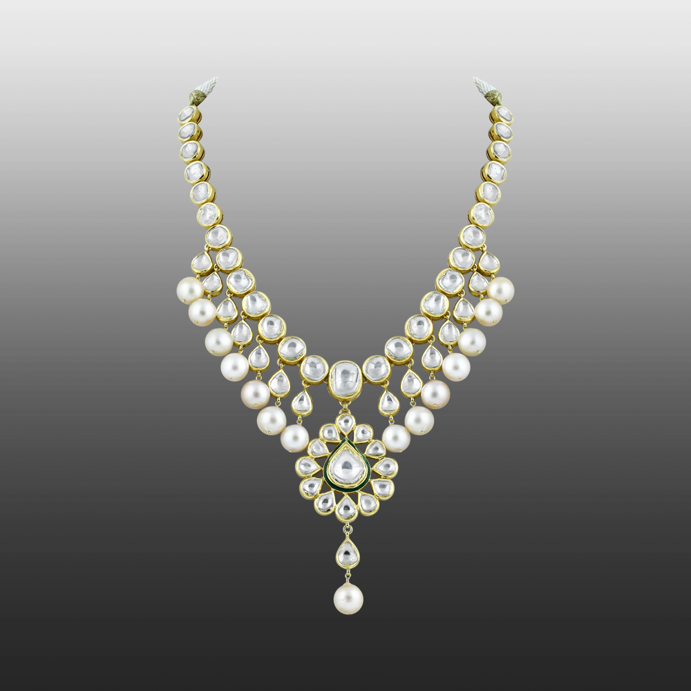 Polki Necklace with Pearl Drops and Central Motif